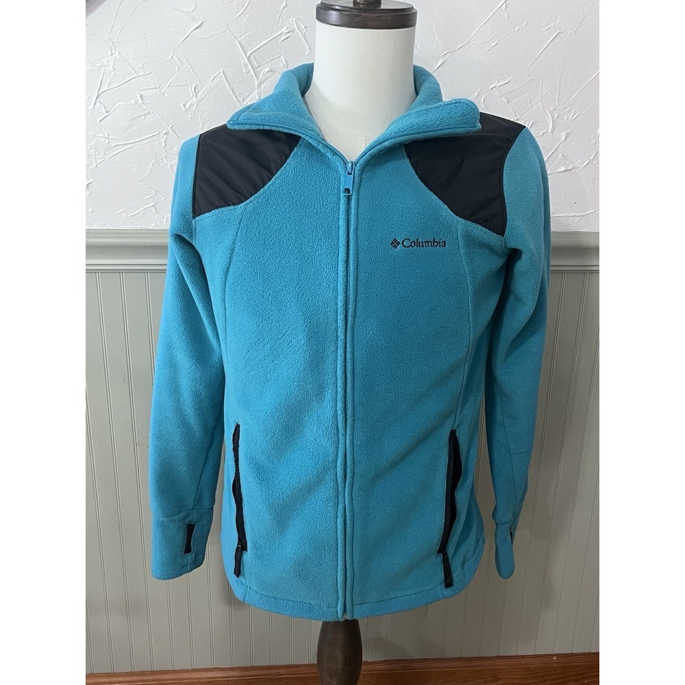 Columbia Fleece Jacket Women Size Large Aqua Blue Full Zip Thumbholes Pockets